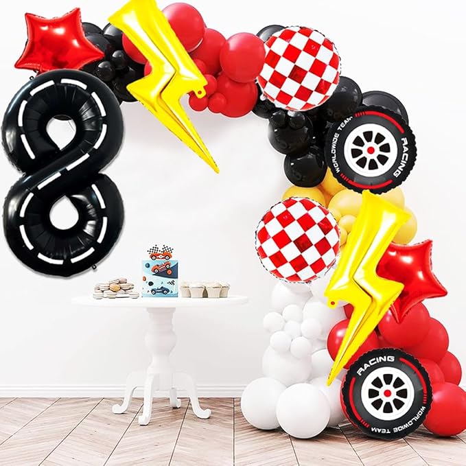 Race Car Birthday Party Decorations Large Lightning Bolt Foil Balloons Race Car Balloons 40 Inch Racetrack Number 8 Balloon for Boys 8th Race Car Birthday Party Decor Supplies
