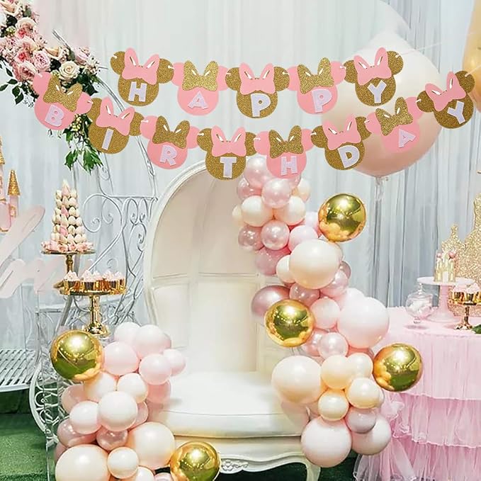 38pcs Minnie party supplies Decor Pink and Gold Minnie Paper Fans Minnie Garland Minnie Happy Birthday Banner Balloons for Girls 1st 2nd 3rd Birthday Decor