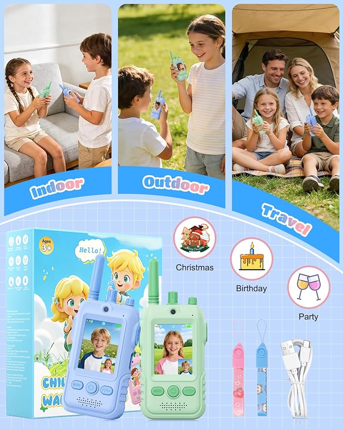 Walkie Talkies for Kids, 2 Pack Rechargeable Video Intercom Kids Walkies Talkies, Indoor Outdoor Toys Gifts for Family Games, Outside, Camping, Hiking for Boys Girls Ages 3-6(Green+Blue)