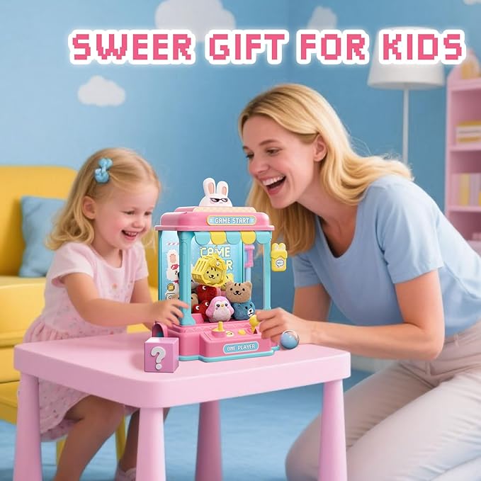 Mini Claw Machine for Kids, Pixel Art Rabbit Vending Machine Toys for Girls, Candy Claw Machines with Plush and Capsule Toy for Age 3+, Birthday Party for 3-8 Years Old Kid