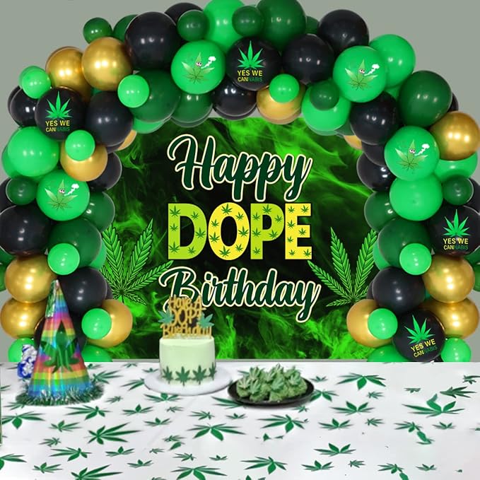 Sursurprise Weed Birthday Party Decorations for Adults, Marijuana Balloon Garland Arch Kit with Happy Dope Birthday Backdrop for Men or Women 420 Pot Leaf Bday Party Supplies