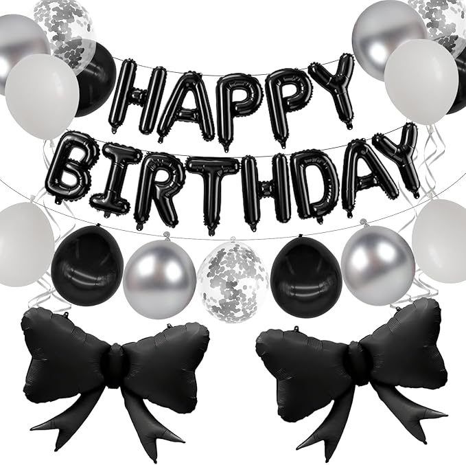 ZHENGYE Black Bow Birthday Party Decorations Happy Birthday Banner Aluminum Foil Letters Balloons Bow Balloon Latex balloons Bow Themed Birthday Party Decorations Supplies
