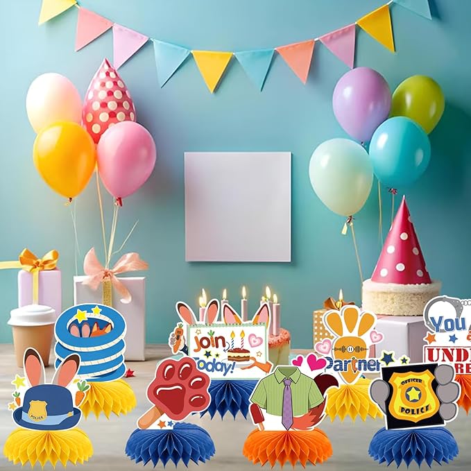 8Pcs Rabbits Fox Birthday Party Supplies for Zoo topia, Crazy Zoo Honeycomb Centerpieces Zoo Police Theme 3D Table Decorations