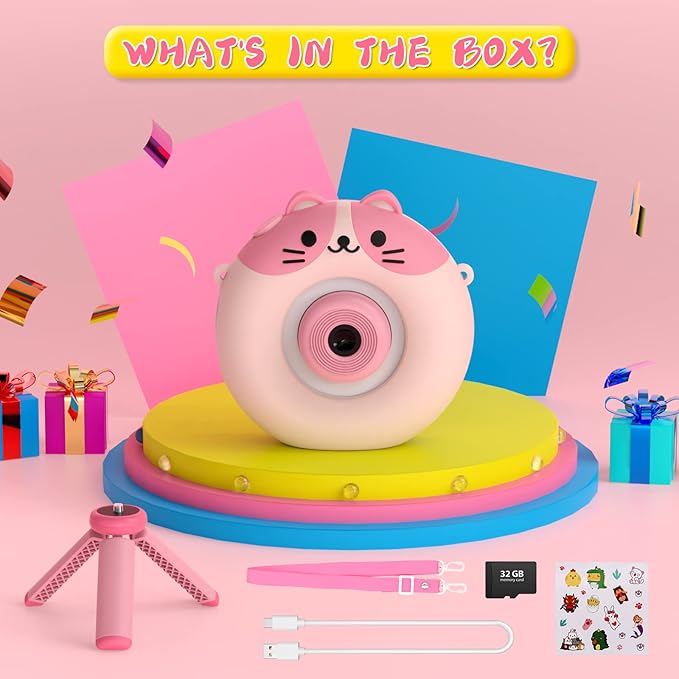 Kids Camera with Tripod, Digital Camera for Kids Aged 3-12, HD Kids Digital Camera with 1080P Video Recording, Durable ABS Material, Toys Camera for Boys Girls with 32GB Card(Pink)