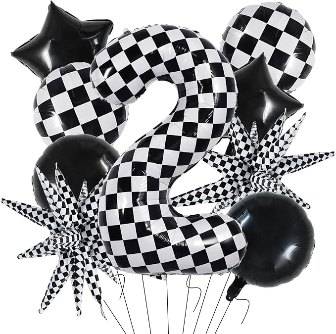 TONIFUL 40 Inch Checkered 2nd Birthday Balloons Set Number 2 Race Car Black White Checkered Round Explosion Star Balloons Boys Race Car Themed Birthday Party Decoraction