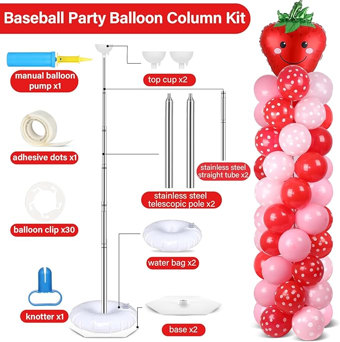 2 Sets Strawberry Party Balloon Column Stand Kit With 102 Sweet 1st Strawberry Foil Balloons 5.57Ft Adjustable Balloon Tower Stand With Base Adjustable Arch Column for Girl Birthday Baby Shower Supply