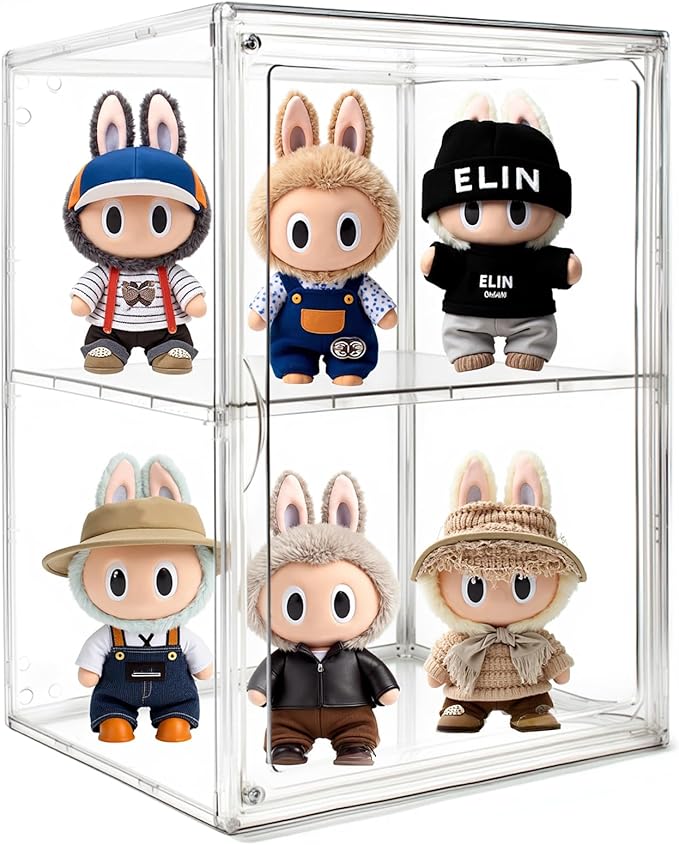 Clear Display Case Compatible with Labubu POP MART, Acrylic Clear Display Box Shelf for POP MART Labubu Doll 2 Tier with Magnetic Lids Figure Display Case for Collectibles(XL-1Pack-2Tier)