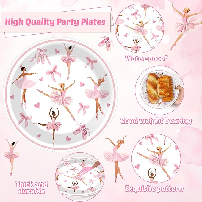 96PCS Ballerina Birthday Party Paper Plates and Napkins Set Ballet Party Paper Plates Disposable Decor Ballerina Girl Theme Parties Set for Kids Dancing Girls Ballet Birthday Decorations