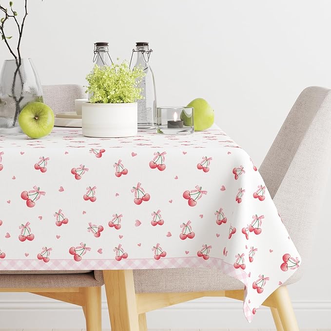 Pink Cherry Tablecloth for Kids, 54×108 Inch Cute Plastic Table Cover with Sweet Cherry Pattern, Disposable Table Decoration for Girls Birthday Party or Picnic, Rectangle Waterproof Tables Cloth