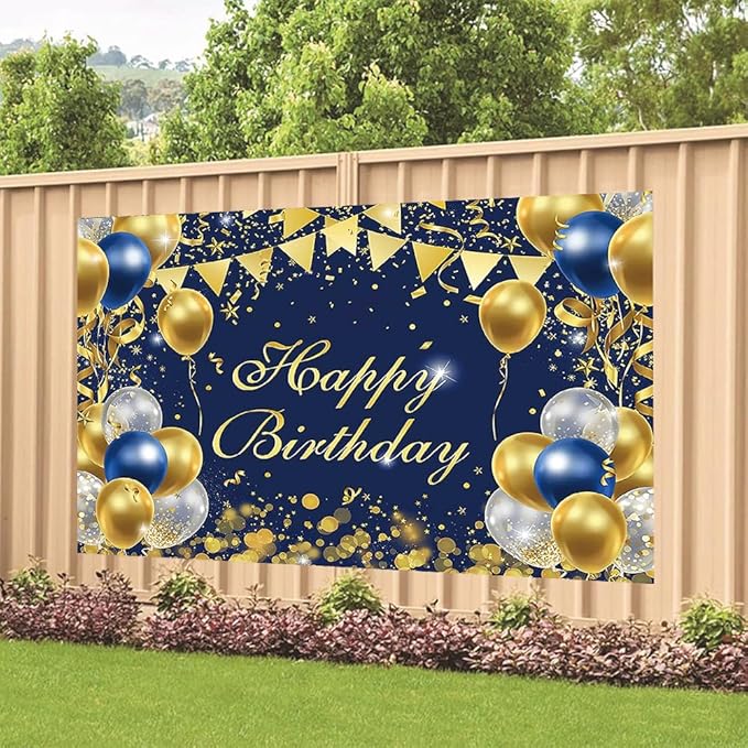 Blue Gold Birthday Party Backdrop Blue Gold Happy Birthday Banner Photography Background for Home Decorations Party Supplies 70.8 x 47.2 Inch