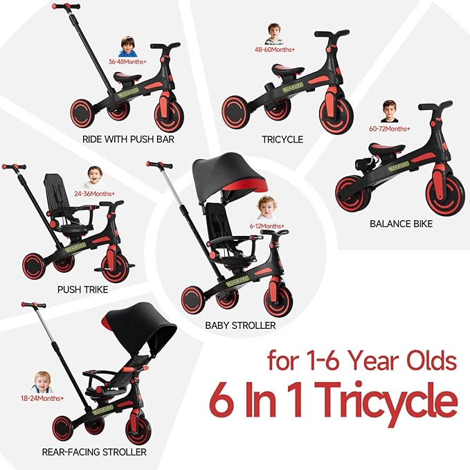 Winhope Kids Tricycle, 6 in 1 Baby's Tricycle Toddler Trike with Adjustable Push Handle, Reversible Seat and Canopy, Baby Stroller for 1-6 Year Olds, Suitable for Outdoor Activities(Red)