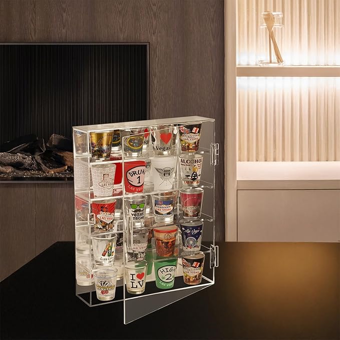 Ikee Design Mirror Back Premium Acrylic Wall Mountable Display Case with 4 Shelves for Figures and More, Acrylic Case for Home Decor, Shop Display and Showcasing Use, 10.87 W x 2.87 D x 14 H in