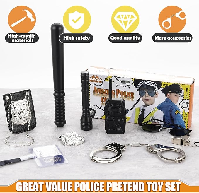 3 otters 9PCS Police Pretend Play Toy Set, Police Accessories for Kids Include Badge, Handcuffs, Walkie, and More for Dress Up Party, Role-playing, Christmas Gift for Kids