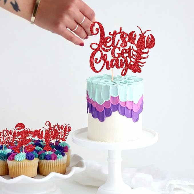 25 Pack Crawfish Happy Birthday Cake Topper Glitter Lobster Let's Get Cray Seaweed Theme Birthday Cake Pick for Baby Shower Ocean Party Cupcake Decoration Supplies