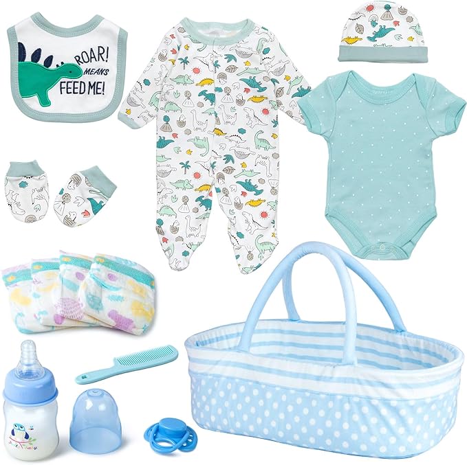 Reborn Baby Dolls Clothes Boy Blue Dinosaur Theme Accessories 13 Pcs Outfit Set for 17-22 Inch Newborn Baby Doll Boy with Blue Dot Bassinet