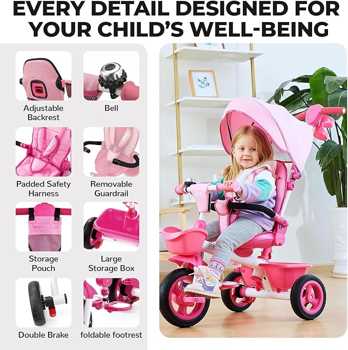 JMMD 7 in 1 Tricycle Stroller with Push Handle, Baby Trike with 360° Swivel Seat, Reclining Backrest, All-Terrain Wheels, Dual Brakes, Canopy & Storage, Gift for Kids 18 Months to 5 Years, Pink