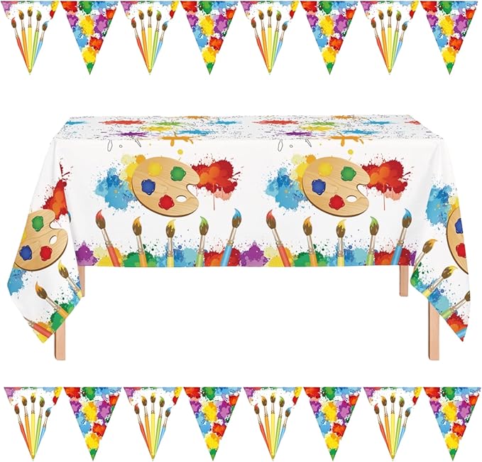 Oojami 3 Pack Artist Plastic Tablecloth, 54" x108", with 2 Pennant Banners Ideal for Art Themed Party Supplies, Artist Themed Birthday Party Decorations, Artist Themed Painting Supplies Table Covers