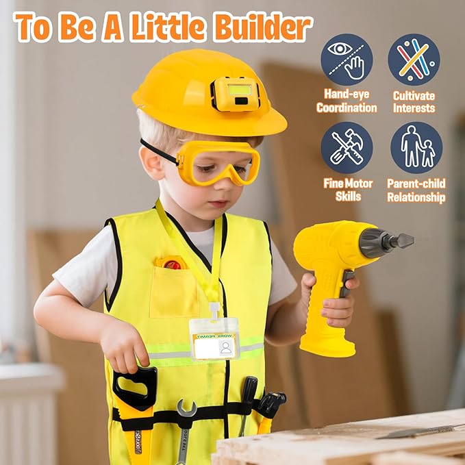Construction Worker Costume for Kids, Toddler Dress Up Clothes with Kids Tool Set, Construction Vest & Hat, Helmet Light, Electric Drill, Toddler Costumes Pretend Play Toys for Boys Gift Age 4+