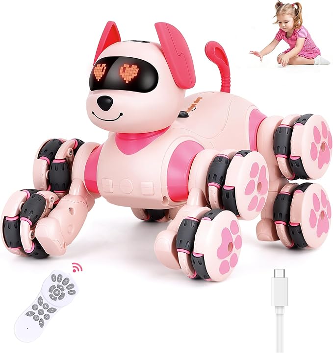 HuiJuKeJi Smart Interactive Robot Dog Toy - Easy Programmable Remote Control Robotic Pet with Gesture Sensing 8WD 360° Stunts, LED Eyes Dancing & Music RC Cars, Birthday Gift for Kids Ages 3-8