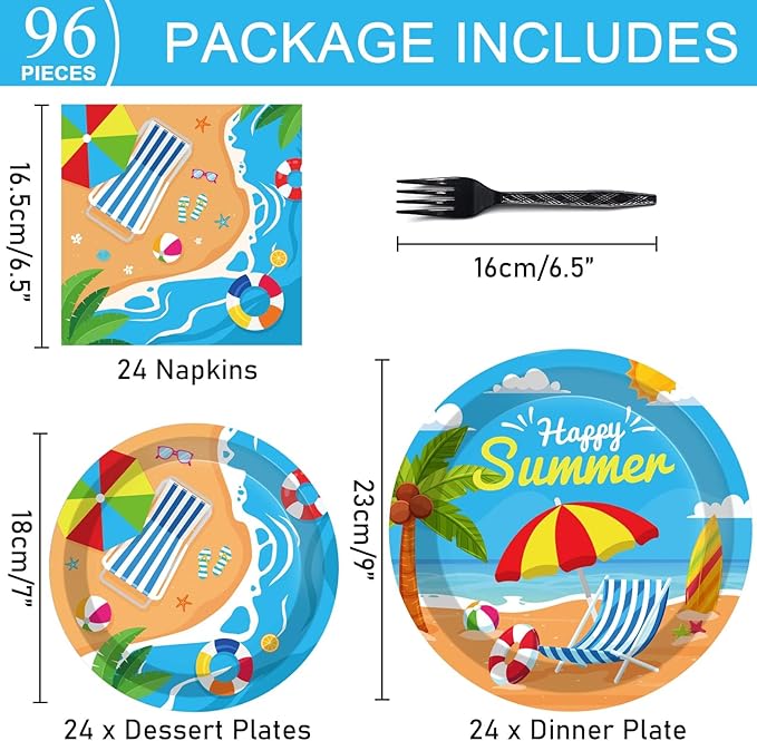96 Pcs Beach Party Supplies Paper Plates Napkins Summer Beach Hawaiian Pool Party Birthday Decorations Favors for Kids Serves 24