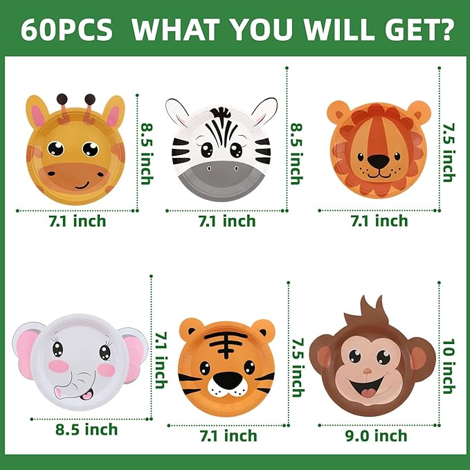 Safari Jungle Wild Animal Party Supplies 60PCS Disposable jungle zoo animal Shaped Paper Plates for Birthday Party, Baby Shower and jungle safari theme party decorations