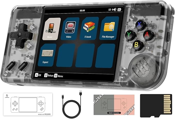 RG28XX Retro Handheld Game with Linux System, 2.83 Inch IPS Screen Built-in 64G TF Card 5516 Games Support Multimedia Application and TV Output(Transparent Black)