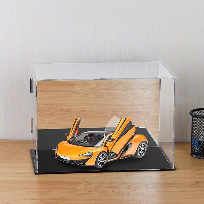 Acrylic Display Case Clear Display Box with Mirror Countertop Cube for Collectibles, Action Figures, Miniature Figurines Dustproof Protection Storage & Organizing (Black, 11.8x7.9x7.9in)