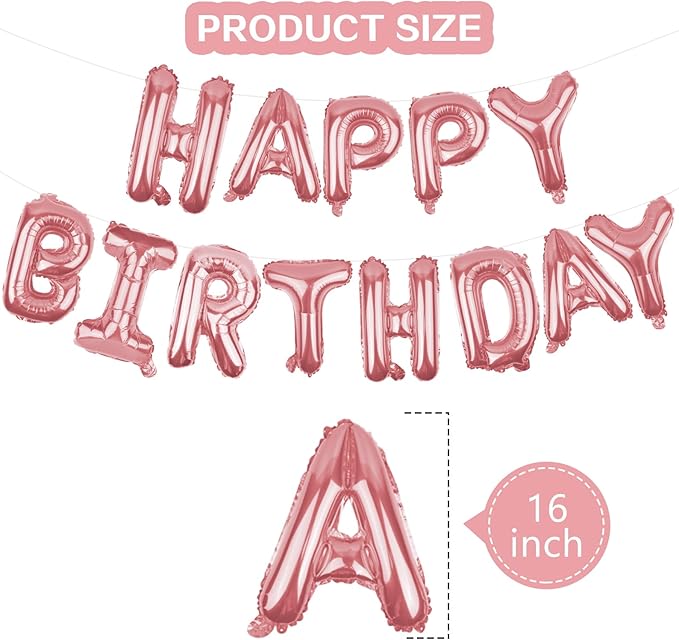 Happy Birthday Balloons Banner Rose Gold 16 Inch Mylar Foil Letters | Inflatable Party Decor and Event Decorations for Kids and Adults | Reusable, Ecofriendly Fun