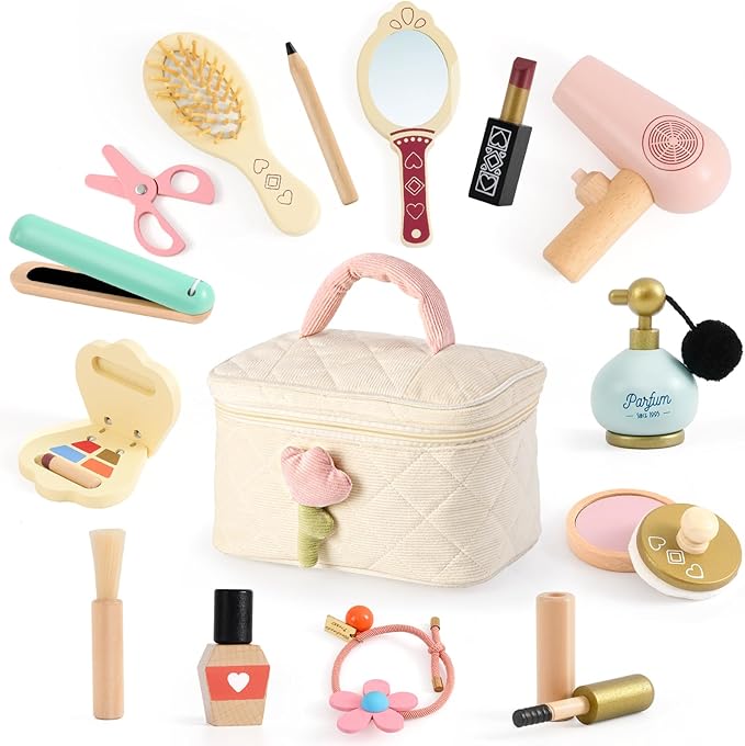 Atoylink Wooden Makeup Toy Set, 15Pcs Hair Salon Girl Toys Toddler Pretend Play Makeup Kit with Plush Makeup Bag Princess Beauty Realistic Accessories for Girls Age 3 4 5 6 Birthday Gifts