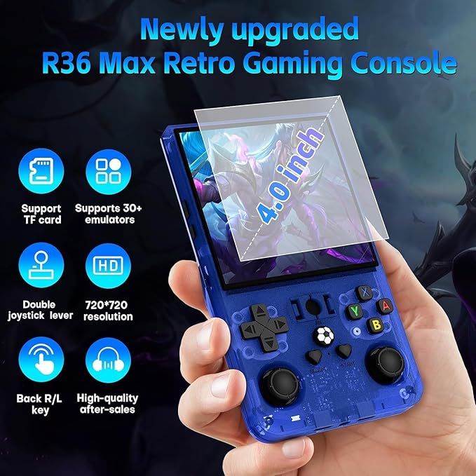 R36MAX Handheld Game Console, Retro Gaming Console with 4000mAh Battery 4.0”IPS Screen, Open Source Linux System, with 64GB TF Card Portable Video Gaming Console, Transparent Blue
