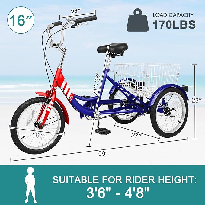 MOPHOTO 16 Inch Small Tricycle for Beginner Riders, Low Step-Through 3 Wheel Bike, Single Speed Trike with Hand Brakes, Adjustable Seat and Rear Basket, Fits Heights 3'9" to 4'9"