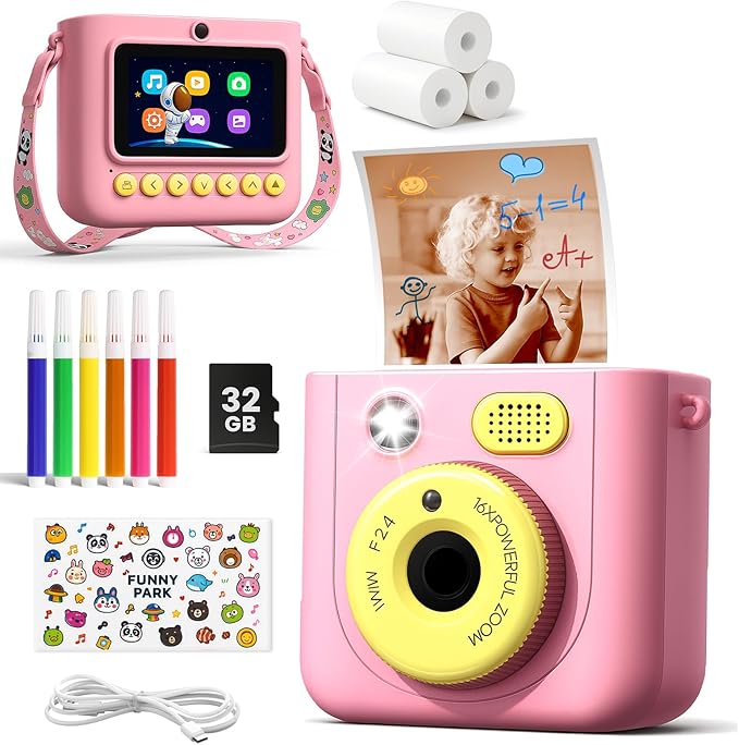 Instant Camera for Kids, Digital Print Camera 48MP 1080P, Color & B&W Printing, 2.4" Display, USB-C Rechargeable, 32GB Card, Christmas & Birthday Gifts for 3-12 Year Old Girls Boys (Pink)