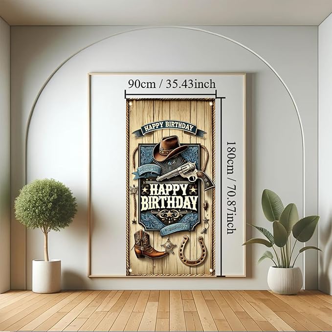 Western Cowboy Door Cover Banner 70 x 35 Inch Decoration West Boy Theme Door Cover Western Birthday Party Photography Background Decor Backdrop West Barn Door Sign Banner