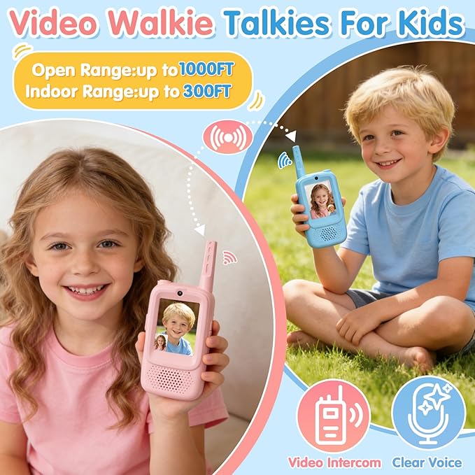 Video Walkie Talkies for Kids, 2 Pack Rechargeable Kids Walkie Talkies with Video Intercom Voice Changer, Indoor Outdoor Toy for Family Games, Camping, Hiking Gift for Boys Girls Ages 3-10 (Blue/Pink)