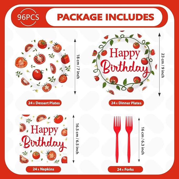 96Pcs Funny Tomato Birthday Party Decorations Red and Green Fresh Plates and Napkins Tomato Decor Tableware Favors for Baby Shower Boys Girls Happy Birthday Party Supplies Serves 24