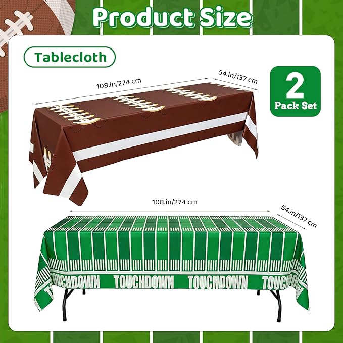 Accevo Football Party Decorations Disposable Tablecloth Plastic Touchdown Table Cover, Game Day Theme Table Cloth, Perfect for Football Birthday Party Supplies 54 X 108Inch, 2 Pack