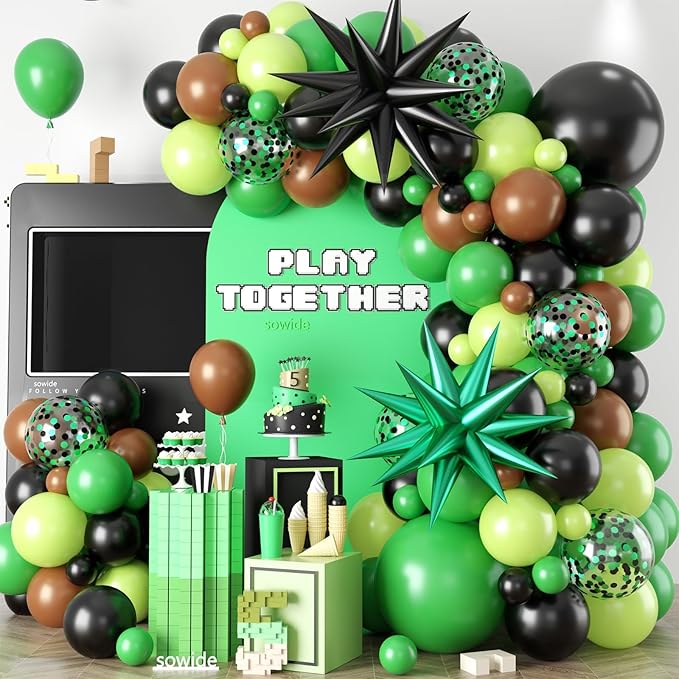 Green and Brown Balloon Garland Arch Kit,Brow Green and Black Balloons Garland Kit with 2pcs Star Foil Balloons for Video Theme Jungle Safari Game Party Baby Shower Graduation Birthday Decorations