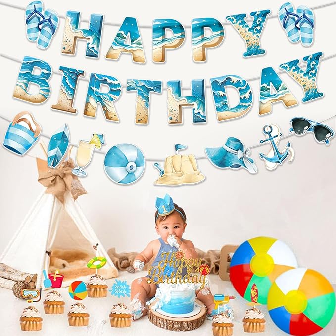 Zwiebeco Blue Sea Happy Birthday Party Decoration Banner Bunting Garland Hanging Paper for Boys Girls Men Women Kids Adults Summer Beach Ocean Themed Birthday Decor Accessories Supplies