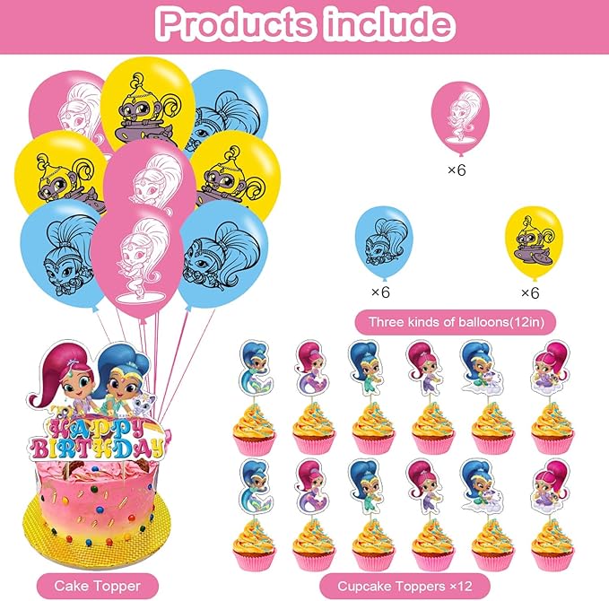 ELZEM Shimmer and Shine Party Decorations,Girl Birthday Party Supplies Includes Banner- Cake Topper - 12 Cupcake Toppers - 18 Balloons, Blue