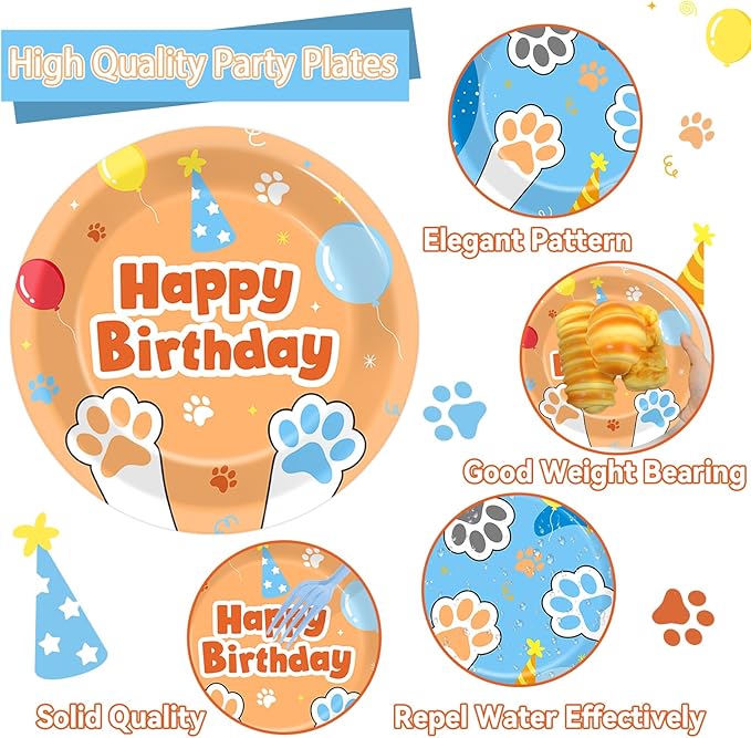 96Pcs Blue Dog Happy Birthday Party Supplies Cartoon Puppy Paper Plates and Napkins Disposable Paw Tableware Dinnerware Set for Kids Dogs Parties Decorations Favors Baby Shower Serve 24
