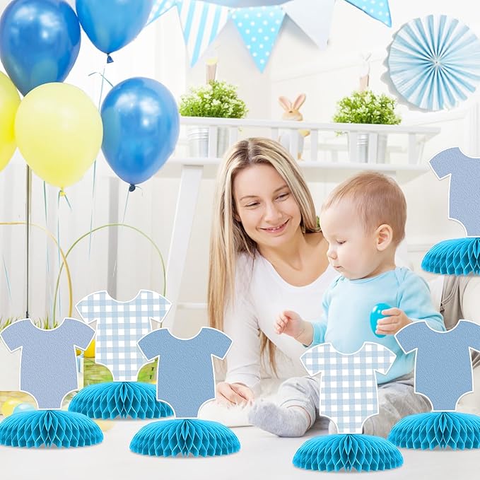 6 Pcs Blue Bodysuit Party Decorations, Blue Gingham Honeycomb Centerpieces, Birthday Decorations for Tables Decor Table for Party Supplies Perfect for Women Men Baby Shower Boys Girls