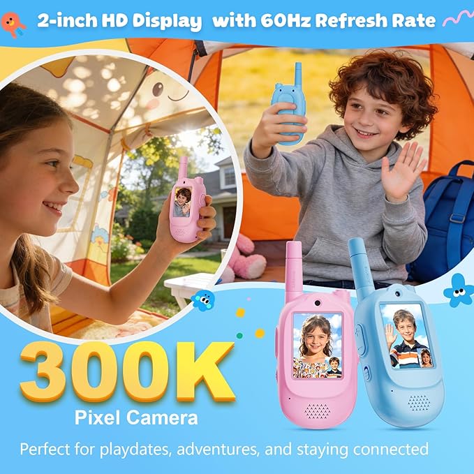 Video Walkie Talkies for Kids, 2 Pack Rechargeable with Screen & Voice Changer, Long Range Two Way Radios for Indoor Outdoor Play, Camping, Birthday Gifts for Boys Girls Ages 3-10