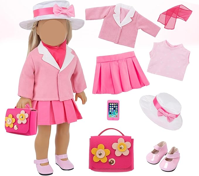18 Inch Doll Clothes and Accessories, 8 Pcs Girl American Doll Clothing Includes Blazer Vest Pleated Skirt Hat Scarf Handbag Shoes Mobile Phone Travel Gear Play Set Birthday Gift for Age 3 4 5 6 Girls