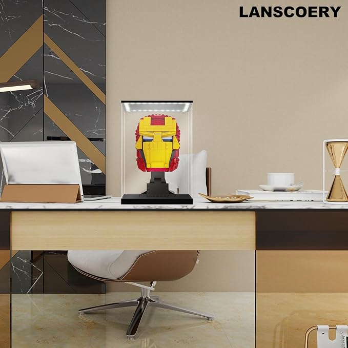 LANSCOERY Acrylic Display Case with Adjustable Yellow/White/Warm LED Light, UV Protection Clear Display Box, Dustproof Showcase for Action Figures, Models, Collectibles - 5.9x5.9x9.8inch