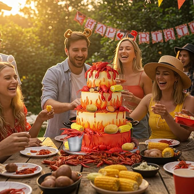 13 Pcs Crawfish Boil Party Supplies Fake Crawfish Party Decorations Lobster Cake Toppers Plastic Crayfish Potato Corn Metal Pail for Lobster Theme Birthday Festival Potluck