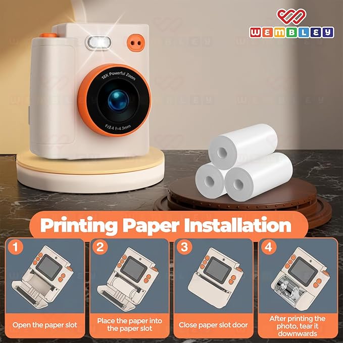 Wembley Kids Camera Instant Print | Birthday Gift Toys for Boys & Girls 3–10 Years | Unicorn Digital Dual Lens Toddler Camera Thermal Printer | 48MP 1080P Selfie & Video | 16X Zoom 32GB SD Card -Cream