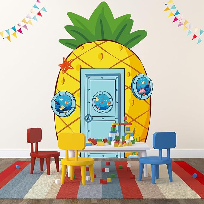Pineapple Party Decorations Carton Sponge Birthday Porch Banner Backdrop Yellow Cartoon Party Supplies Door Decoration Banner Sea Animals Photo Booth Backdrop Hanging for Sponge Birthday Photo Props