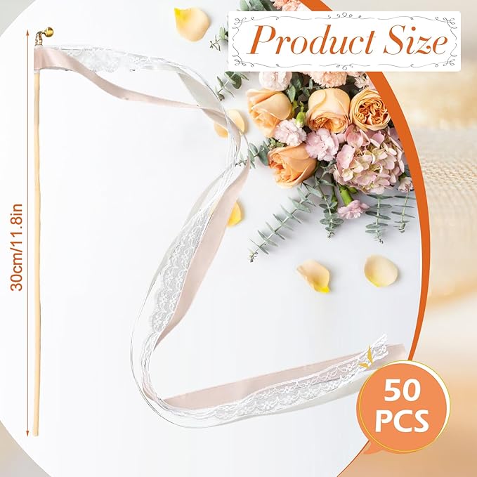 50Pcs Ribbon Sticks Wands Streamers with Bells Silk Fairy Lace Stick Party Ribbon Streamers for Wedding Party, Birthday and Holiday Activities-Champagne