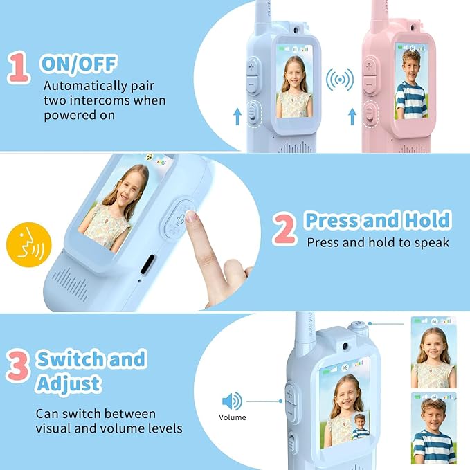 Video Walkie Talkies for Kids Rechargeable, 2 Pack Camera with Screen, Long Range Voice Changer Intercom Toys for Boys Girls 3-12, Outdoor Camping Hiking Christmas Birthday Gifts (Blue+Pink)