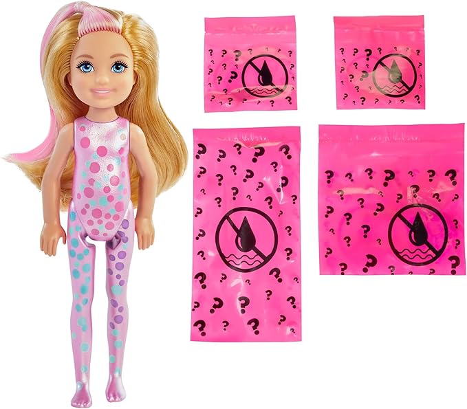 Barbie Chelsea Color Reveal Doll & Accessories, 6 Surprises Include Small Doll, Clothes & Color Change on Hair (Styles May Vary)